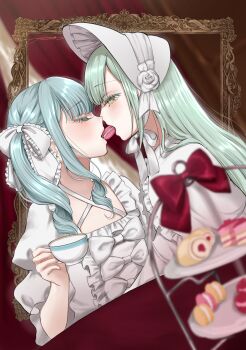 2girls bang_dream! bang_dream!_it&#039;s_mygo!!!!! blue_hair bonnet closed_eyes commentary cup curtains dress dutch_angle english_commentary filha food green_hair hair_ribbon highres holding holding_cup lolita_fashion long_hair macaron mouth_hold multiple_girls ribbon sharing_food table tea_party teacup tiered_tray togawa_sakiko twintails wakaba_mutsumi white_bonnet white_dress white_ribbon yellow_eyes yuri