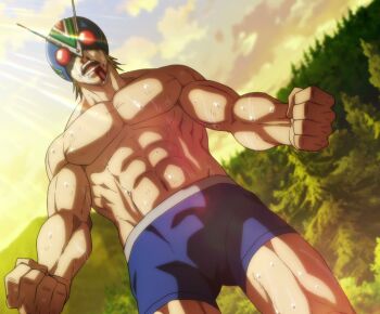 1boy abs anime_screenshot blood character_request kamen_rider male_focus mask mask_on_head muscular muscular_male nosebleed open_mouth pectorals solo stitched sweat tears third-party_edit topless_male toujima_tanzaburou_wa_kamen_rider_ni_naritai underwear underwear_only upper_body