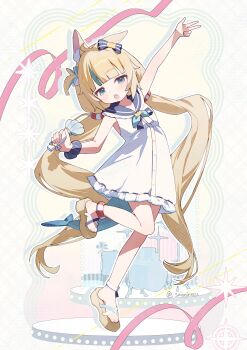 1girl :o absurdres ahoge animal_ear_fluff animal_ears arched_back arms_up blonde_hair blue_bow blue_eyes blue_neckerchief blue_sailor_collar blue_scrunchie blue_streaks blunt_bangs bow brown_sandals cat_ears commentary dress drop_shadow english_commentary eru_daydream fang fins fish_tail frilled_shirt_collar frilled_skirt frills full_body grid_background hair_bow highres holding holding_microphone indie_virtual_youtuber leg_up lifebuoy_anklet lifebuoy_hair_ornament long_hair looking_at_viewer low_twintails microphone multicolored_hair neckerchief one_side_up outline outstretched_arm sailor_collar sameko_saba sameko_saba_(1st_costume) sandals scrunchie shark_girl shark_tail skirt sleeveless sleeveless_dress solo streaked_hair tail tail_under_clothes tiptoes twintails very_long_hair virtual_youtuber white_dress white_outline