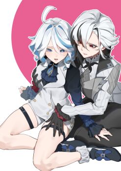 2girls absurdres ahoge arlecchino_(genshin_impact) aroused black_eyes black_hair black_hands black_pants black_shoes blue_eyes blue_hair blue_shirt bush closed_mouth colored_extremities frilled_sleeves frills furina_(genshin_impact) genshin_impact grabbing_another&#039;s_breast groping hand_on_another&#039;s_thigh highres jacket long_hair medium_hair multicolored_hair multiple_girls open_mouth pants red_pupils saliva shirt shoes short_shorts shorts shui_zhi_pingshi simple_background sitting sweatdrop symbol-shaped_pupils teeth thigh_strap thighs tongue two-tone_hair vest wariza white_hair white_jacket white_shorts white_vest x-shaped_pupils yuri