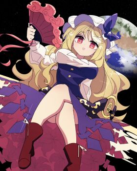 1girl :d blonde_hair boots breasts crossed_legs dress earth_(planet) hand_fan hat highres holding holding_fan large_breasts long_hair long_sleeves looking_at_viewer mob_cap open_mouth planet purple_dress red_boots red_eyes ryouryou shirt sitting smile solo space touhou watatsuki_no_toyohime white_shirt