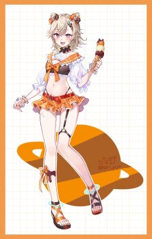 1girl artist_name blonde_hair blush border bow commentary cropped_shirt double_bun earrings fang food full_body hair_bow hair_bun hair_ornament hairclip highres holding holding_ice_cream_cone ice_cream ice_cream_cone jewelry komori_met looking_at_viewer navel open_mouth orange_border orange_nails orange_skirt piyoyanagi purple_eyes sandals skirt solo twitter_username virtual_youtuber vspo!