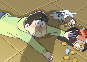 Rule 34 | 2boys, apu spills his tendies (meme), bowl cut, brown hair, chicken nuggets, crying, crying with eyes open, dropped food, fast food, food, french fries, green hoodie, hood, hoodie, kylesanganbare, long sleeves, lying, male focus, matsuno choromatsu, matsuno osomatsu, meme, multiple boys, ominous shadow, on stomach, osomatsu-san, osomatsu (series), sad, short hair, spill, tears, tile floor, tiles