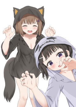 2girls ^_^ absurdres animal_ears black_dress black_hair blush breasts brown_hair claw_pose cleavage closed_eyes collarbone commentary_request convenient_censoring dress fake_animal_ears feet_out_of_frame ghost_costume groin hair_ornament hairclip halloween hands_up highres medium_breasts multiple_girls navel nedia_(nedia_region) open_mouth original purple_eyes see-through_clothes see-through_dress see-through_silhouette simple_background standing tail white_background