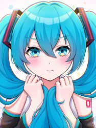 Rule 34 | 1girl, angry, aqua eyes, aqua hair, chromatic aberration, collared shirt, detached sleeves, dot nose, gradient background, hair between eyes, hair intakes, hair ornament, hatsune miku, highres, holding, holding hair, light blush, long hair, long sleeves, looking at viewer, number tattoo, polka dot, polka dot background, pout, shirt, shoulder tattoo, sidelocks, simple background, sleeveless, sleeveless shirt, tattoo, tearing up, twintails, uzuki sena, v-shaped eyebrows, vocaloid, white shirt