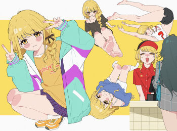 2girls ? bag barefoot baseball_cap black_hair black_shorts blonde_hair blue_bag blue_shirt blush_stickers braid cashier chinese_commentary collared_shirt commentary_request crop_top double_v gakuen_idolmaster hat highres idolmaster jacket li-mi looking_at_viewer miniskirt multiple_girls multiple_views open_clothes open_jacket plaid_clothes plaid_skirt purple_skirt red_shirt shirt shoes shorts skirt socks tank_top tsukimura_temari undershirt v white_shorts white_socks white_tank_top yellow_eyes yellow_shirt yellow_shoes