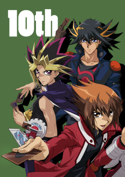 3boys anniversary arm_up black_shirt blue_coat blue_eyes brown_eyes brown_gloves brown_hair card coat colored_bangs duel_disk facial_mark facing_another facing_to_the_side fudo_yusei gloves green_background hair_slicked_back holding holding_card jacket jacket_on_shoulders male_focus millennium_puzzle multiple_boys muto_yugi numbered open_clothes open_coat outstretched_arm popped_collar red_coat red_eyes shirt shoulder_pads sleeveless sleeveless_shirt spiked_hair tom_(leciel2010) toned toned_male turning_head unworn_jacket upper_body white_trim yu-gi-oh! yu-gi-oh!_3d_bonds_beyond_time yu-gi-oh!_5d's yu-gi-oh!_duel_monsters yu-gi-oh!_gx yuki_judai