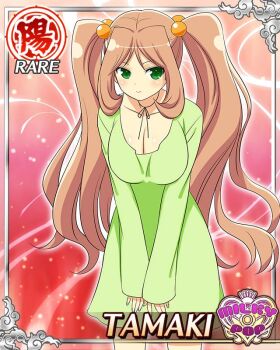 1girl border breasts brown_hair card_(medium) character_name cleavage closed_mouth dress english_text game_cg green_dress green_eyes hands_on_own_thighs large_breasts leaning_forward long_hair looking_at_viewer official_alternate_costume official_art senran_kagura senran_kagura_new_wave smile solo tamaki_(senran_kagura) twintails