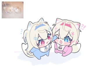 !? 2girls aged_down animal_ear_fluff animal_ears bandaid bandaid_hair_ornament bib blonde_hair blue_eyes blue_pajamas blush_stickers commentary dog dog_ears dog_girl dog_tail facing_viewer fake_horns fuwawa_abyssgard hair_ornament hairclip headpat highres hololive hololive_english horns long_hair looking_at_another mococo_abyssgard multicolored_hair multiple_girls notice_lines one_eye_closed open_mouth pajamas parallel_hairclips photo_inset pink_eyes pink_pajamas reference_inset short_hair short_twintails siblings simple_background sisters sitting sparkling_eyes standing streaked_hair tail toddler twins twintails twitter_username untranslatable_commentary virtual_youtuber white_background wing_hair_ornament x_hair_ornament yamiescupid