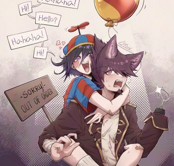 Rule 34 | 2boys, balloon boy (fnaf), balloon boy (fnaf) (cosplay), cosplay, danganronpa (series), danganronpa v3: killing harmony, english text, facial hair, five nights at freddy's, goatee, hair between eyes, halloween costume, hat, highres, jacket, jester cap, long sleeves, looking at viewer, lytoid, male focus, momota kaito, multiple boys, oma kokichi, open clothes, open mouth, purple eyes, purple hair, shirt, short hair, smile, spiked hair, striped clothes, teeth, white shirt, withered foxy, withered foxy (cosplay)