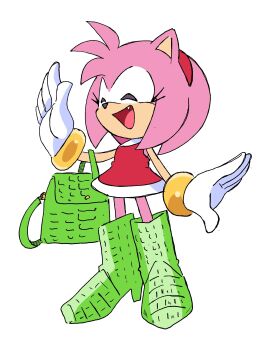 amy_rose bag boots bracelet closed_eyes crocodile crocodilian dress eyelashes fang gloves hairband happy hedgehog highres jewelry medium_hair petite pink_fur pink_hair randomguy999 red_dress sega smile sonic_(series) sonic_racing:_crossworlds vector_the_crocodile
