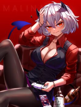 1girl alcohol black_horns black_nails black_pantyhose black_skirt black_vest blush bottle bracelet breasts cleavage collarbone collared_shirt commentary controller couch demon_girl demon_horns demon_tail enma_(enmanuelart) female_focus formal_clothes hair_between_eyes hand_on_own_head helltaker highres holding holding_controller horns jewelry large_breasts long_sleeves looking_at_viewer malina_(helltaker) miniskirt nail_polish on_couch pantyhose playstation_controller red_background red_eyes red_shirt shirt short_hair simple_background sitting skirt solo tail vest waistcoat wavy_mouth white_hair
