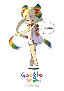 1girl bad_id bad_twitter_id barefoot blonde_hair chibi closed_eyes dress english_text female_focus floating full_body google google-tan hair_ribbon mao_yu multicolored_hair ribbon simple_background smile solo