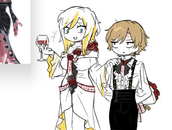 Rule 34 | 1boy, 1girl, arms behind back, black pants, blonde hair, blonde streaks, blue eyes, bouquet, breasts, commentary request, cup, dress, drinking glass, faust (project moon), flower, highres, holding, holding cup, limbus company, medium breasts, multicolored hair, n corp. fanatic (identity) (project moon), off-shoulder dress, off shoulder, ohzv, open mouth, pants, parted bangs, project moon, red flower, red rose, rose, shirt, simple background, sinclair (project moon), smile, streaked hair, white background, white dress, white hair, white shirt, wine glass, yellow eyes