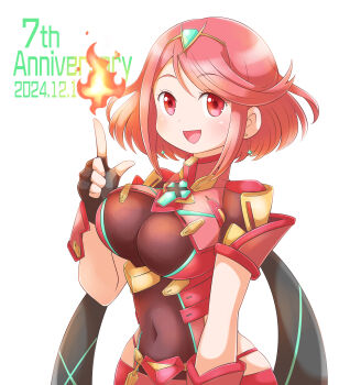 1girl :d absurdres anniversary aogaeru_(pixiv46613656) black_gloves breasts circlet commentary copyright_name covered_navel cowboy_shot dated dot_nose earrings fingerless_gloves fire floating_earrings gem gloves green_gemstone highres index_finger_raised jewelry large_breasts looking_at_viewer open_mouth pyra_(xenoblade) pyrokinesis red_eyes red_hair short_hair simple_background skindentation smile solo white_background xenoblade_chronicles_(series) xenoblade_chronicles_2