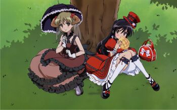00s 2girls absurdres blush bread dress food gothic_lolita hat highres horns kneehighs lolita_fashion mare mare_(shakugan_no_shana) melon_bread multiple_girls parasol shakugan_no_shana shana socks umbrella