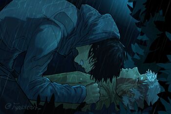 2boys blue_raincoat clenched_teeth closed_mouth commentary crying english_commentary fymbleart highres hikaru_ga_shinda_natsu indou_hikaru_(human) lying male_focus multiple_boys on_back on_ground parted_lips rain raincoat sad short_hair tears teeth tsujinaka_yoshiki twitter_username wet wet_clothes white_hair yellow_raincoat