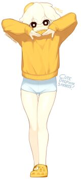 Rule 34 | 1girl, absurdres, artist name, egg (lemyawn), full body, highres, long sleeves, looking at viewer, original, shorts, signature, smile, solo, standing, sweater, thigh gap, thighs, white hair, yoako