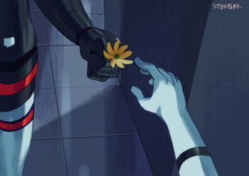 Rule 34 | 2girls, android, artist name, eule (signalis), flower, from above, giving, giving flower, hand focus, highres, holding, holding flower, metal skin, multiple girls, out of frame, signalis, signature, star (signalis), steriskk, yellow flower, yuri