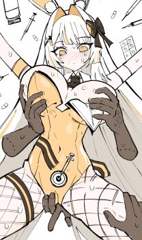 1girl absurdres animal_ear_hairband animal_ears black_survival breasts commentary covered_navel eternal_return:_black_survival fake_animal_ears fingering fingering_through_clothes fishnet_pantyhose fishnets hairband highres large_breasts leotard long_hair pantyhose playboy_bunny rabbit_ear_hairband rabbit_ears rio_(black_survival) rio_(winning_shot)_(black_survival) ryohyeom thigh_strap thighs through_clothes white_background white_hair white_hairband yellow_eyes yellow_leotard