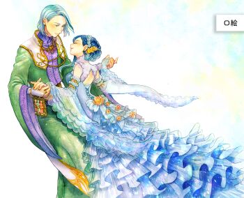 1boy 1girl apron back_cutout blue_dress blue_eyes blue_hair braid bridal_gauntlets clothing_cutout commentary_request crown_braid detached_sleeves dress earrings ferdinand_(honzuki_no_gekokujou) frilled_dress frills highres hitsuki_(hiidukii) holding_hands honzuki_no_gekokujou jewelry long_dress myne_(honzuki_no_gekokujou) painting_(medium) see-through_clothes see-through_sleeves smile traditional_media watercolor_(medium) white_bridal_gauntlets wide_sleeves