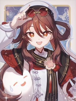 Rule 34 | 1girl, :d, absurdres, beret, blue background, boo tao (genshin impact), border, brown hair, commentary request, detached sleeves, drop shadow, eyelashes, eyewear on head, flower-shaped pupils, genshin impact, hair rings, hand on own hip, hand up, happy, hat, highres, hu tao (cherries snow-laden) (genshin impact), hu tao (genshin impact), index finger raised, jewelry, long hair, long sleeves, looking at viewer, low twintails, multiple rings, nail polish, nyanaya, official alternate costume, official alternate hairstyle, open mouth, outside border, red-tinted eyewear, red eyes, red nails, ring, round eyewear, sidelocks, simple background, smile, solo, sparkle, sunglasses, sweatdrop, symbol-shaped pupils, tinted eyewear, tsurime, twintails, upper body, very long hair, white border, white hat, yellow-framed eyewear