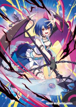Rule 34 | 1girl, black bra, blue hair, blue nails, bra, character request, commentary request, copyright notice, demon girl, demon wings, fishnet thighhighs, fishnets, highres, holding, holding scythe, looking at viewer, nail polish, official art, peron (niki2ki884), red eyes, scythe, shirt, short hair, shorts, smile, solo, thighhighs, underwear, white shirt, white shorts, wings, wixoss
