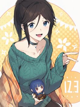 1girl 3s_(tarariko) :d absurdres birthday black_choker black_hair black_pantyhose blue_eyes breasts character_doll choker collarbone commentary doll green_sweater hair_between_eyes hibike!_euphonium highres holding holding_doll jewelry kasaki_nozomi long_hair long_sleeves looking_at_viewer medium_breasts open_mouth pantyhose pendant ponytail sidelocks sleeves_past_wrists smile solo sweater symbol-only_commentary teeth tongue v yellow_blanket yoroizuka_mizore