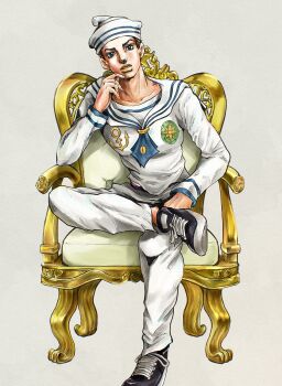 1boy absurdres anchor_ornament arm_support birthmark black_hair black_shoes blue_eyes chair collarbone commentary_request compass_rose crossed_legs dixie_cup_hat faux_traditional_media hat hatching_(texture) higashikata_josuke_(jojolion) highres joestar_birthmark jojo_no_kimyou_na_bouken jojolion kaib0y male_focus military_hat pants parted_lips sailor sailor_collar sailor_hat shirt shoes sitting sneakers solo white_hat white_pants white_sailor_collar white_shirt yellow_lips