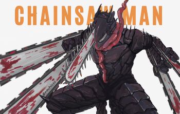 1other absurdres armor artist_name black_armor blood blood_drip bloody_weapon body_armor chainsaw chainsaw_devil chainsaw_man english_text extra_arms highres organs pachiccc scarf sharp_teeth simple_background solo spikes teeth weapon white_background