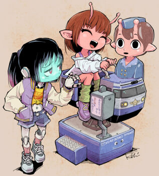 Rule 34 | 2girls, android, antennae, black hair, blue shorts, bright pupils, brown hair, closed eyes, colored skin, commentary request, green leg warmers, grey background, hand in pocket, highres, jacket, joints, kiddie ride, kiichi, kujo chiharu, kurusu makina (milky galactic universe), leg warmers, milky galactic universe, milky subway, multiple girls, navel, open clothes, open jacket, open mouth, pink skin, purple eyes, purple shoes, shirt, shoes, short shorts, shorts, signature, tied shirt, twintails, white pupils