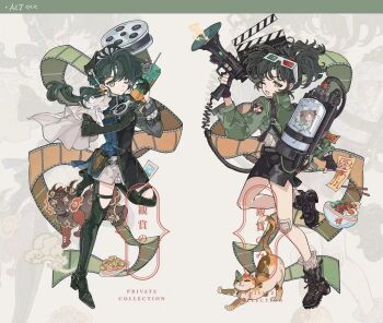 Rule 34 | 2girls, 3d glasses, ;), ;d, an-an lee, ankle boots, asymmetrical gloves, backpack, bag, beret, black boots, black dress, black gloves, black hair, black hat, black skirt, boots, bowl, calico (pattern), calico cat, cape, cellphone, chinese commentary, chinstrap, chopsticks, clapperboard, commentary request, creature, dress, eyewear on head, film reel, film strip, food, full body, gauze on knee, gloves, green jacket, grey background, hat, holding, holding megaphone, holding phone, holster, jacket, leg up, liang yue (reverse:1999), long hair, looking at viewer, low twintails, megaphone, miniskirt, multiple girls, ofuda, one eye closed, open mouth, pencil skirt, phone, plate, police, police uniform, policewoman, ponytail, qiangliang (reverse:1999), reverse:1999, short dress, side cape, skirt, smile, socks, standing, standing on one leg, thigh boots, twintails, uneven gloves, watermark, white cape, white socks, yellow eyes, yi yi tiantang, zoom layer