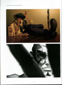 Rule 34 | 2boys, absurdres, bald, beard, bottle, cigarette, cowboy bebop, facial hair, highres, holding, holding cigarette, jet black, kawamoto toshihiro, magazine (object), multiple boys, necktie, official art, scan, scar, scar across eye, scar on face, shirt, spike spiegel, spiked hair, sunglasses