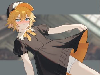 Rule 34 | 1boy, absurdres, alternate costume, androgynous, aotu world, baseball cap, black dress, black hat, blonde hair, blue eyes, blurry, blurry background, blush, bow, bowtie, closed mouth, clothes lift, commentary, crossdressing, crossdressing (mtf), dress, dress lift, dutch angle, embarrassed, frilled sleeves, frills, frown, hair between eyes, hat, highres, indoors, king (aotu world), lifting own clothes, male focus, male underwear, multicolored hat, pointy ears, puffy short sleeves, puffy sleeves, short hair, short sleeves, shorts, skirt hold, solo, sweatdrop, trap, underwear, untranslatable commentary, velvet11, white male underwear, yellow bow, yellow bowtie