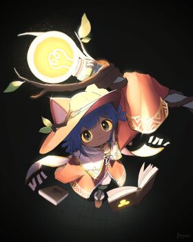 Rule 34 | 1other, :3, animal ear headwear, blue hair, book, club (shape), colored sclera, commentary, dark skin, english commentary, fake animal ears, from above, hat, highres, holding, holding staff, light bulb, light particles, niko (oneshot), oneshot (game), other focus, pungsun, red hat, scarf, signature, sleeves past wrists, solo, staff, symbol in eye, yellow sclera