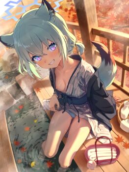 1girl alternate_breast_size_(smaller) animal_ear_fluff animal_ears ashiyu autumn_leaves bath_yukata blue_archive blue_halo blue_panties blush breasts collarbone commentary_request foot_bath green_hair green_nails grey_kimono grin halo japanese_clothes kimono leaf looking_at_viewer low_twintails maple_leaf nail_polish nipples official_alternate_costume onsen paid_reward_available panties parted_lips purple_eyes revision shigure_(blue_archive) shigure_(hot_spring)_(blue_archive) short_hair short_twintails sitting small_breasts smile soaking_feet solo special_cat tail tokkuri twintails underwear weasel_ears weasel_girl weasel_tail yagasuri yukata