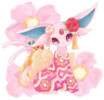 Rule 34 | animal focus, clothed pokemon, commentary request, espeon, espeon (pokebuki), flower, forked tail, gen 2 pokemon, highres, japanese clothes, kimono, nintendo, no humans, pokemon, pokemon (creature), pokemon unite, purple eyes, sitting, solo, sorashiramu, tail, twitter username