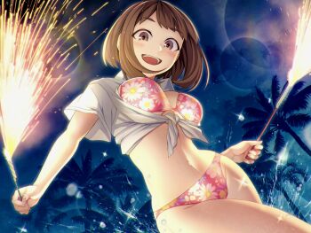 1girl bikini boku_no_hero_academia brown_eyes brown_hair cowboy_shot fireworks floral_print highres kobaji lens_flare night palm_tree pink_bikini shirt short_hair sidelocks solo sparkler swimsuit tied_shirt tree uraraka_ochako white_shirt