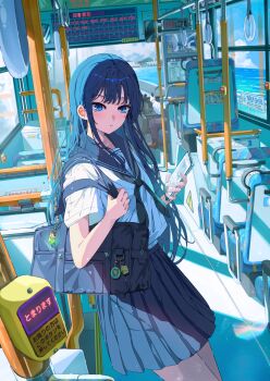 1girl 1other bag black_pants black_sailor_collar black_skirt blue_eyes blue_hair blue_sky blush brown_shoes bus bus_interior cellphone chair cloud commentary_request day gloves highres holding holding_phone horizon lens_flare long_hair looking_at_viewer motor_vehicle mountainous_horizon ocean original pants parted_lips phone pleated_skirt sailor_collar sakatsuki_yakumo school_bag school_uniform shirt shoes short_sleeves sidelocks sitting skirt sky smartphone standing white_gloves white_shirt window