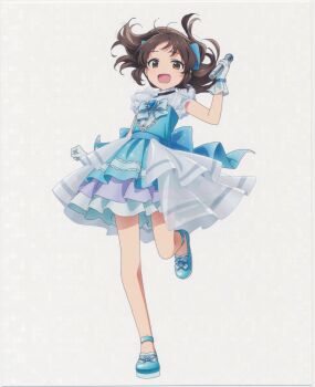 Rule 34 | 1girl, :d, absurdres, blue dress, blue shoes, brown eyes, brown hair, color halftone, dress, female focus, frilled dress, frills, full body, gloves, highres, holding, holding microphone, idolmaster, idolmaster cinderella girls, idolmaster cinderella girls u149, lossy-lossless, microphone, official art, open mouth, scan, shoes, sleeveless, sleeveless dress, smile, solo, standing, standing on one leg, tachibana arisu, webp-to-png conversion, white background, white gloves