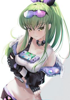 1girl :3 absurdres bare_shoulders black-framed_eyewear black_choker black_gloves black_jacket black_ribbon black_shorts blue-tinted_eyewear blush breasts budgiepon c.c. choker cleavage closed_mouth code_geass collarbone commentary cosplay cowboy_shot cropped_shirt crossed_arms embarrassed eyelashes eyes_visible_through_hair eyewear_on_head fingerless_gloves fur-trimmed_jacket fur_trim gloves green_hair groin hair_between_eyes hair_ribbon handheld_game_console highres honkai:_star_rail honkai_(series) jacket long_hair looking_at_viewer medium_breasts navel nervous_smile nintendo_switch object_on_breast off_shoulder ponytail ribbon semi-rimless_eyewear shirt shorts shy sidelocks silver_wolf_(honkai:_star_rail) silver_wolf_(honkai:_star_rail)_(cosplay) simple_background smile solo standing stomach straight_hair sweatdrop tawawa_challenge tinted_eyewear v-shaped_eyebrows very_long_hair white_background white_fur white_shirt yellow_eyes