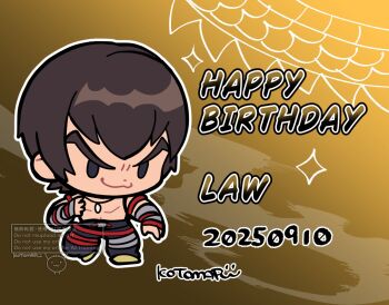 1boy black_eyes brown_hair character_name chibi chibi_only closed_mouth commentary_request dated full_body gradient_background happy_birthday jewelry kotorai male_focus marshall_law necklace outline short_hair sparkle tekken tekken_8 topless_male v-shaped_eyebrows white_outline yellow_background
