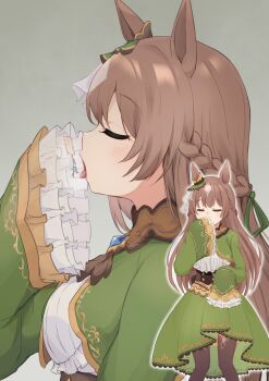 1boy 1girl absurdres animal_ears artist_request breath brown_hair closed_eyes double-parted_bangs ear_ornament frilled_sleeves frills giant giantess highres horse_ears horse_girl imminent_vore long_hair long_sleeves multiple_views open_mouth satono_diamond_(umamusume) size_difference sleeves_past_fingers sleeves_past_wrists tongue tongue_out umamusume