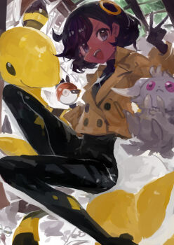 1girl :d absurdres ampharos black_bodysuit black_gloves black_hair blue_hair bodysuit bodysuit_under_clothes brown_jacket commentary_request dark-skinned_female dark_skin emma_(pokemon) espurr gen_2_pokemon gen_6_pokemon gloves hand_up highres holding holding_poke_ball jacket kaamin_(mariarose753) long_sleeves nintendo open_mouth poke_ball poke_ball_(basic) pokemon pokemon_(creature) pokemon_legends:_z-a short_hair smile teeth upper_teeth_only v