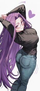 1girl absurdres arms_up ass black_shirt breasts casual commentary denim fate/stay_night fate_(series) feet_out_of_frame from_behind glasses heart highres jeans kamisato_sora large_breasts long_hair long_sleeves looking_at_viewer looking_back medusa_(fate) medusa_(rider)_(fate) official_alternate_costume pants purple_eyes purple_hair shirt simple_background smile solo standing turtleneck turtleneck_shirt very_long_hair white_background