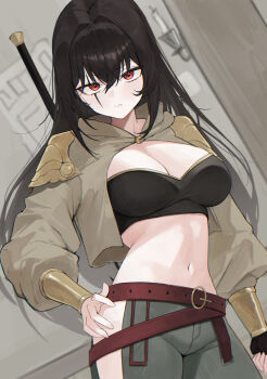 1girl absurdres bandeau belt black_bandeau black_hair breasts brown_jacket cleavage closed_mouth clothing_cutout cowboy_shot crop_top cropped_jacket grey_pants hand_on_own_hip highres hip_vent jacket kumari2311 large_breasts long_hair long_sleeves looking_at_viewer midriff navel open_clothes open_jacket original pants puffy_long_sleeves puffy_sleeves red_eyes scar scar_across_eye scar_on_face solo stomach v-shaped_eyebrows