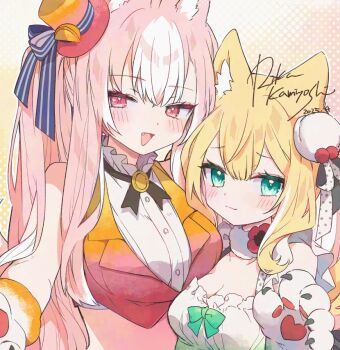 2girls :3 animal_ear_fluff animal_ears animal_hands artist_name blonde_hair bow breasts buttons cleavage cropped_shirt cropped_vest double-parted_bangs fang fox_ears fox_girl fuwafuwa-chan_(kamiyoshi_rika) gloves green_bow green_eyes hair_ornament hat kamiyoshi_rika large_breasts light_blush long_hair medium_breasts mini_hat mini_top_hat multicolored_hair multicolored_vest multiple_girls okitsune-sama_(kamiyoshi_rika) open_mouth original paw_gloves pink_eyes pink_hair shirt sleeveless sleeveless_shirt smile top_hat two-tone_hair upper_body vest white_hair white_shirt