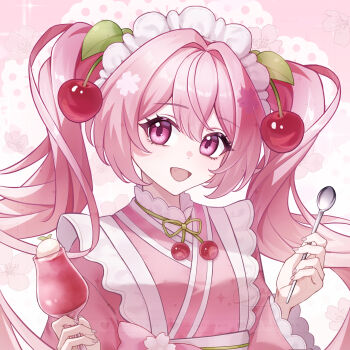 Rule 34 | 1girl, 7fan, apron, cherry hair ornament, commentary request, cup, fingernails, food-themed hair ornament, frilled hairband, frills, glass, hair intakes, hair ornament, hairband, hatsune miku, highres, holding, holding cup, holding spoon, japanese clothes, kimono, long hair, maid, maid apron, nail polish, open mouth, pink eyes, pink hair, pink kimono, pink nails, sakura miku, smile, solo, spoon, twintails, upper body, very long hair, vocaloid, wa maid