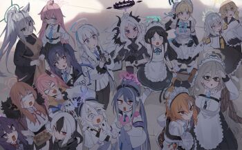 Rule 34 | 6+girls, absurdres, akane (blue archive), angel wings, apron, aris (blue archive), aris (maid) (blue archive), aru (blue archive), azusa (blue archive), blue archive, brown apron, commentary request, demon girl, demon horns, donut, eating, food, fubuki (blue archive), halo, haruka (blue archive), hifumi (blue archive), highres, hina (blue archive), holding, holding donut, holding food, horns, hoshino (blue archive), kayoko (blue archive), kirino (blue archive), kokukyukeo, koyuki (blue archive), looking up, multiple girls, neru (blue archive), noa (blue archive), school uniform, shadow, shiroko terror (blue archive), surprised, sweatdrop, takoyaki, toki (blue archive), toothpick, wings, yuuka (blue archive)