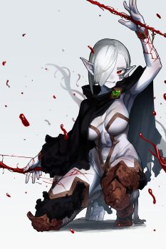 1girl absurdres arrow_(projectile) barefoot black_cloak bleeding blood bow_(weapon) breasts cloak commentary_request commission ekrea_jan elf facial_mark grey_hair hair_over_one_eye hemokinesis highres holding holding_bow_(weapon) holding_weapon looking_at_viewer medium_breasts navel original pale_skin pointy_ears red_eyes revealing_clothes scar scar_on_arm scar_on_chest scar_on_leg short_hair skeb_commission solo squatting weapon